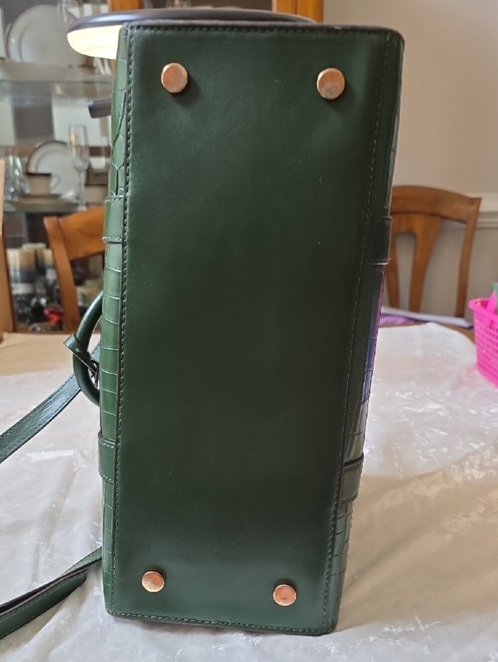 Michael Kors Nouveau Hamilton Dark Green Croc-Embossed Leather Satchel - Picture 3 of 16